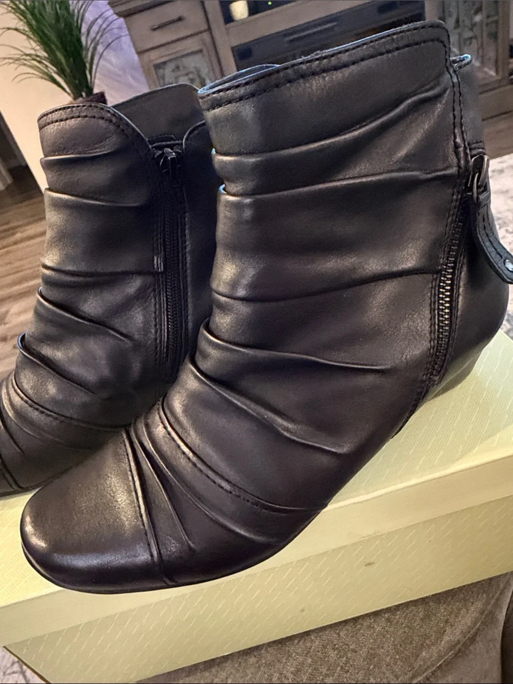 Women's Wide Black Leather Ankle Boots with Ruched Detail